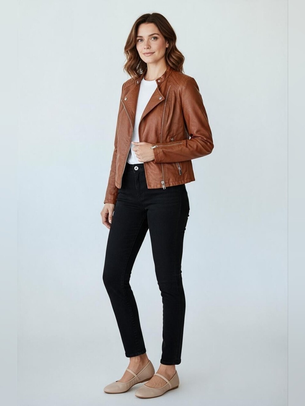 Calvin Klein Rich Caramel Faux  Leather Moto Jacket Women's SZ M